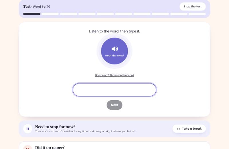 The spelling test: listen, then type the word