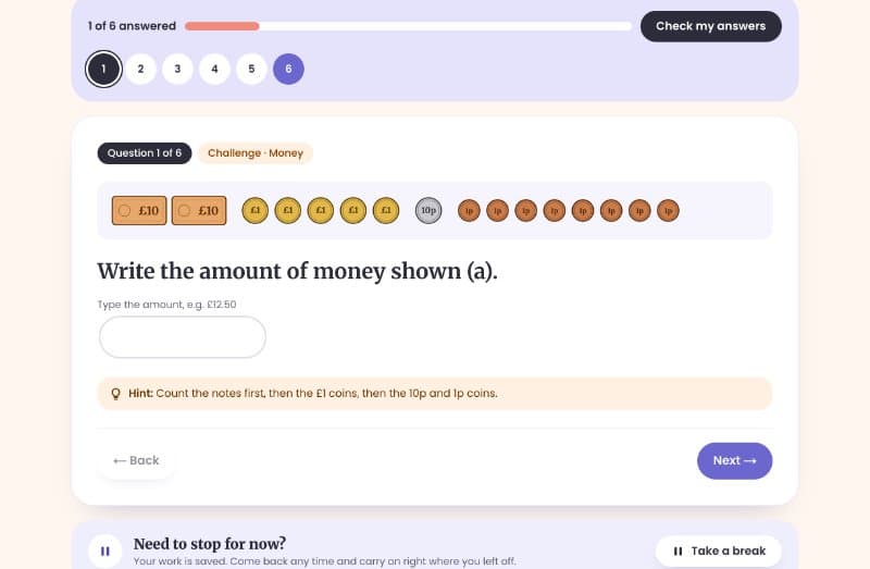 A maths question with a picture of money to count