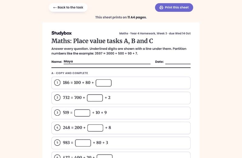 The maths sheet with boxes to fill in