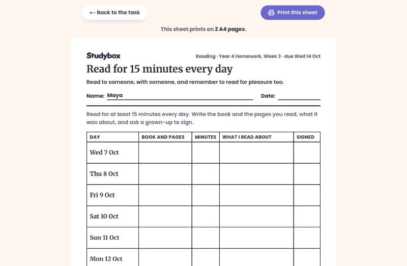 The reading log, one row per day