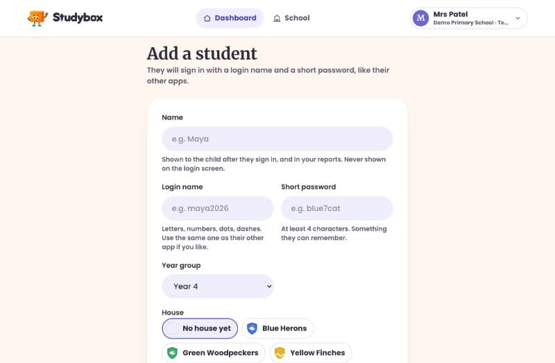 Adding a student: name, login name, short password, year and house
