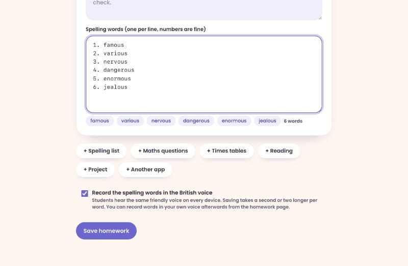 The spelling words, the British voice tick box and Save