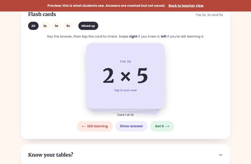 A student's flash cards for the 2s, 3s and 5s