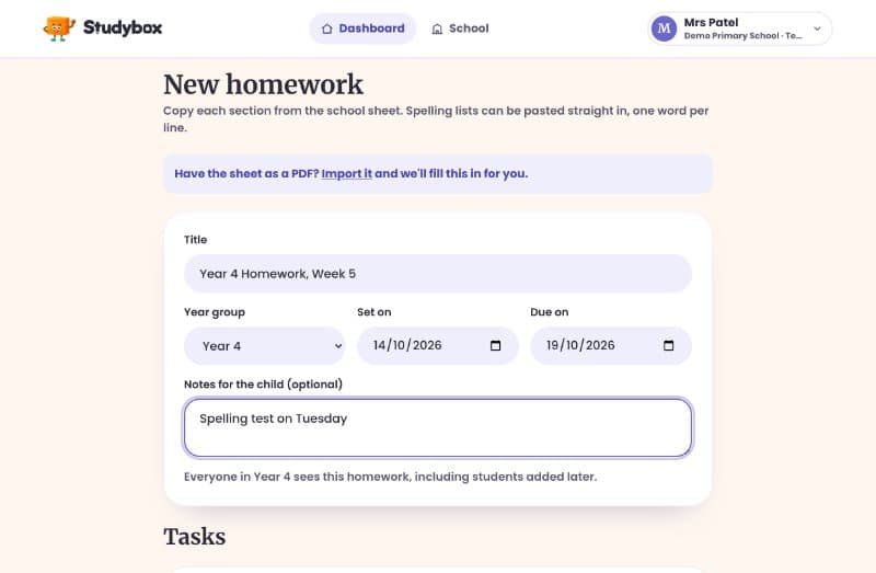 The homework's title, year group and dates
