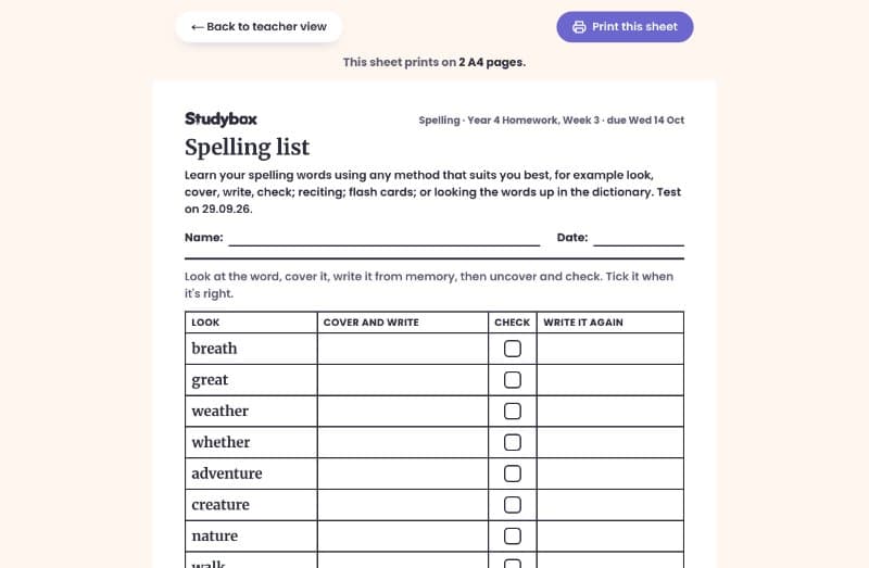 The printable spelling sheet