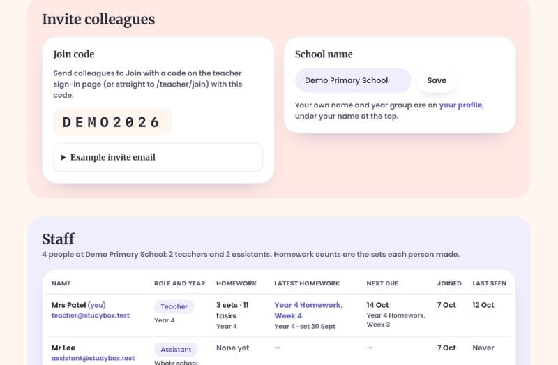 Invite colleagues: the join code and an example email